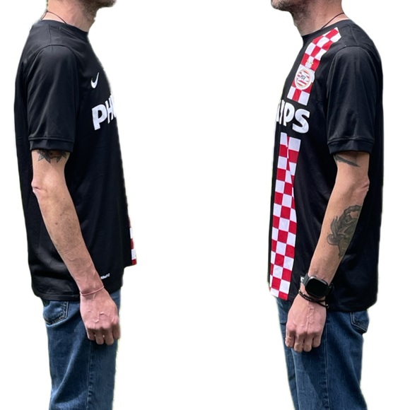 Nike PSV Eindhoven Football 2009-10 Away Kit Black Red Checkered Soccer Jersey M - Picture 2 of 9